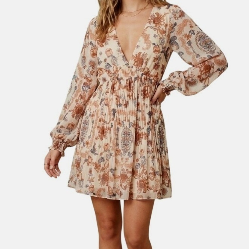 Magnolia Boutique Rust Floral V Neckline & Back Blouson Sleeve Tie Dress Medium